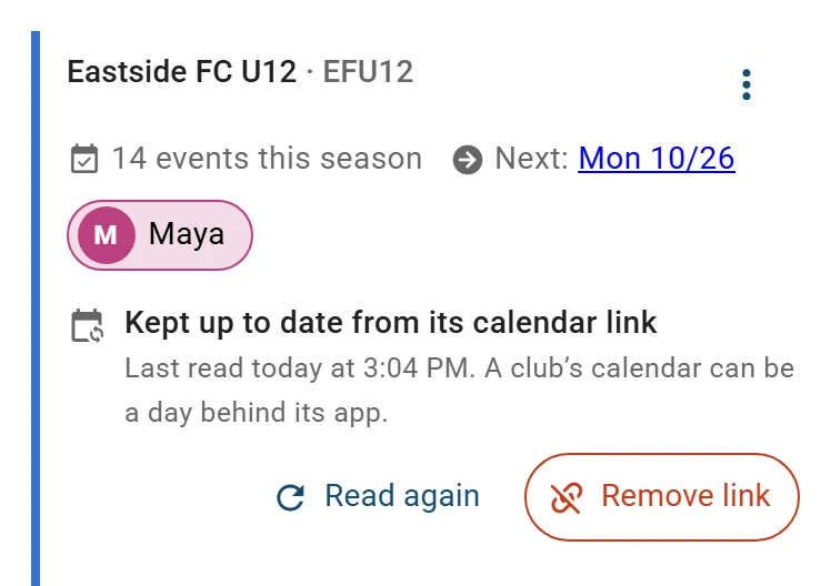 Teams on a phone: Eastside FC U12, Maya on it, and under it the line Kept up to date from its calendar link, saying when it was last read, with Read again and Remove link.