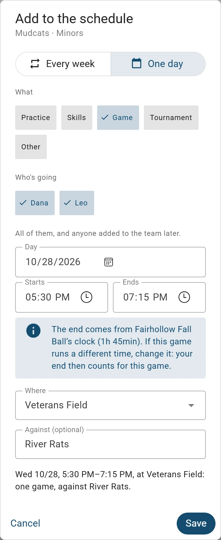 Adding one game for the Mudcats on a phone: Who’s going, with Dana and Leo both ticked; Wednesday 10/28 from 5:30 PM to 7:15 PM, with a note that the end comes from Fairhollow Fall Ball’s clock (1h 45min) and that an end you change counts for this game; then Veterans Field, against River Rats, summed up above Save.