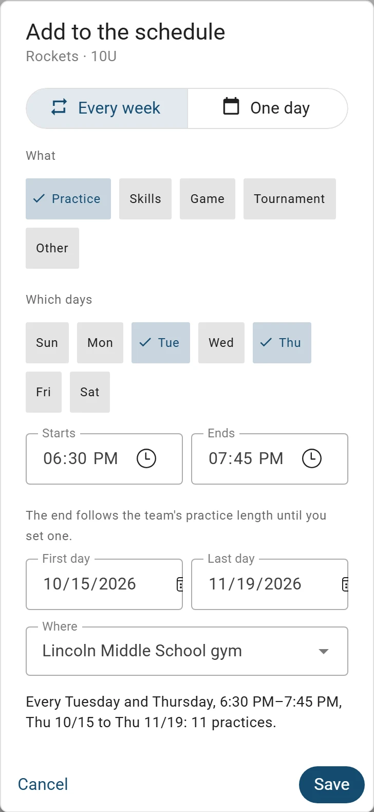 Adding a weekly practice for the Rockets on a phone: Tuesday and Thursday at 6:30 PM at Lincoln Middle School gym, and the line above Save that sums it up, 11 practices.