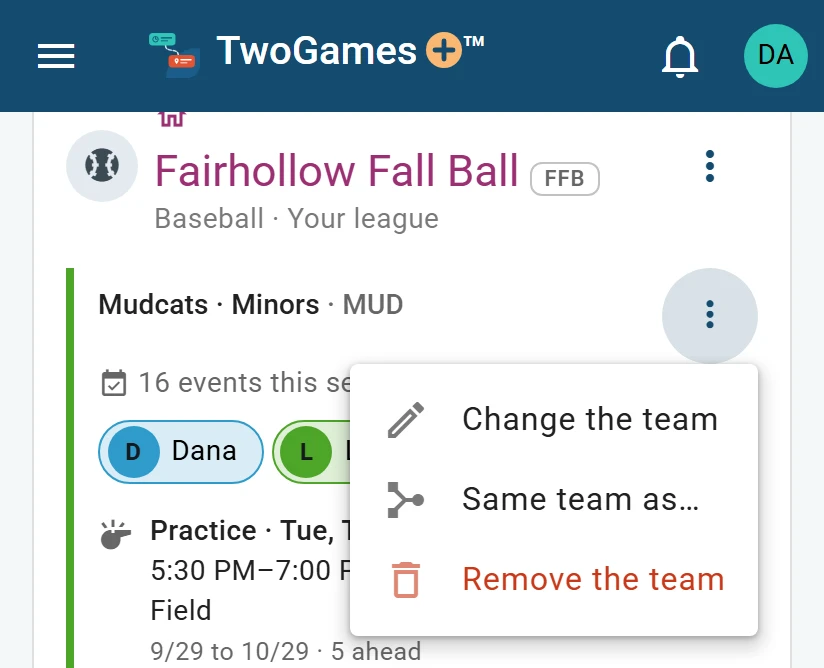 The Mudcats team’s menu open on a phone: Change the team, Same team as…, and Remove the team.