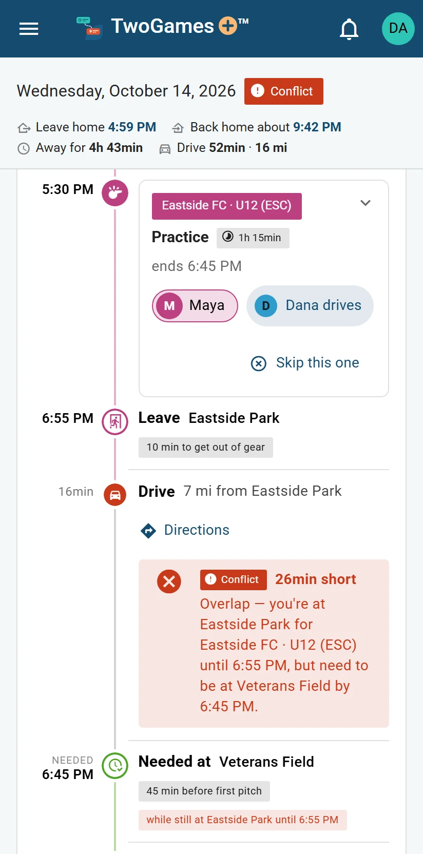 Wednesday, October 14 on a phone: an Overlap, since Maya’s soccer practice holds the car at Eastside Park until 6:55 PM, but Leo’s baseball game needs it at Veterans Field by 6:45 PM.