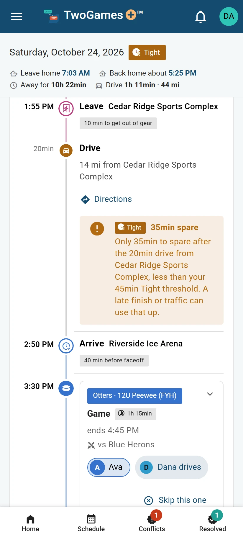 Saturday, October 24 on a phone: the drive from the tournament at Cedar Ridge to Ava’s hockey game is marked Tight, with only 35 minutes to spare.