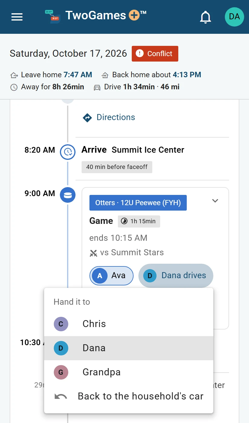 Ava’s hockey game on a phone with its driver tapped: a menu headed Hand it to, listing Chris, Dana and Grandpa, and Back to the household’s car.