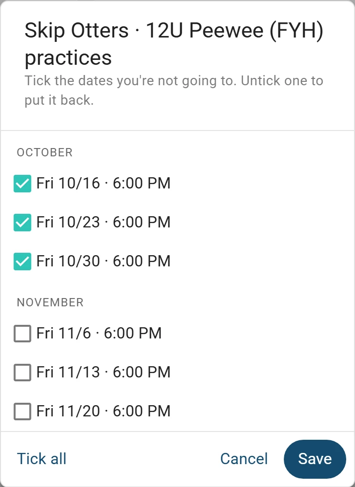 Skip Otters practices on a phone: Friday 10/16, 10/23 and 10/30 ticked, the November dates not, with Tick all, Cancel and Save.