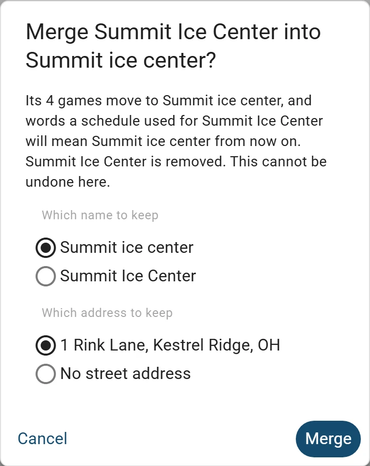 Merge Summit Ice Center into Summit ice center? on a phone: its 4 games move, then Which name to keep, Which address to keep (1 Rink Lane, Kestrel Ridge, OH or No street address), and Merge.