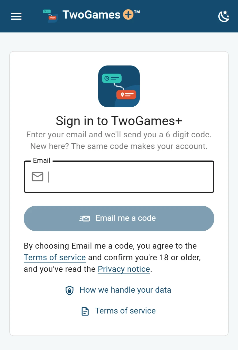 The TwoGames+ sign-in page on a phone, asking for an email address, with a button to send a code.