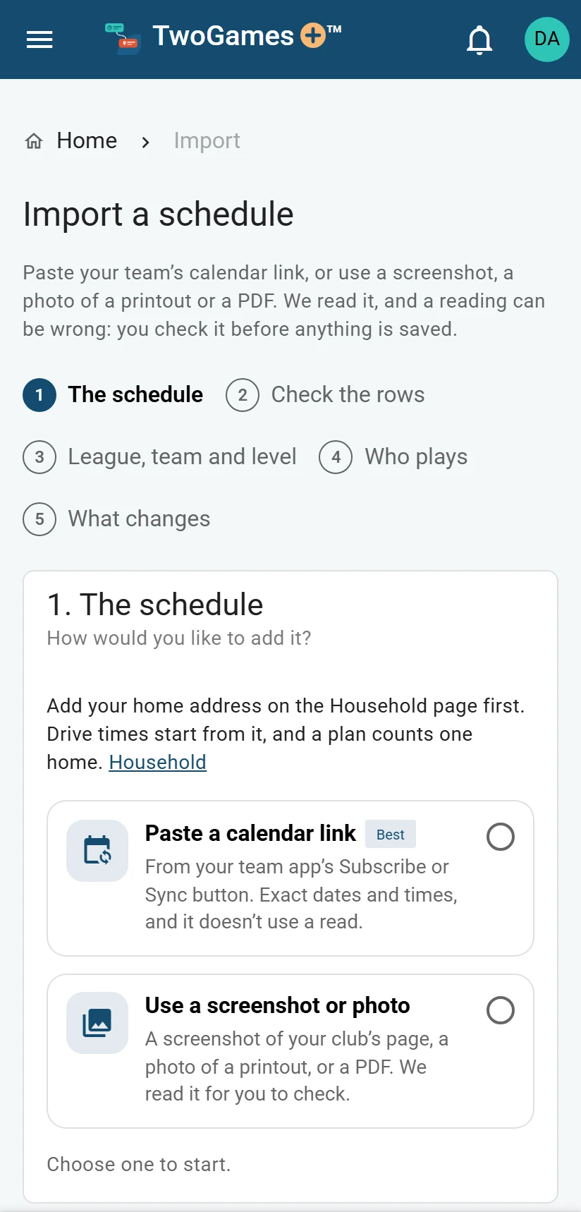 The Import page on a phone for a new household: Add your home address on the Household page first, with a link to Household, above the two ways to add a schedule, Paste a calendar link and Use a screenshot or photo.