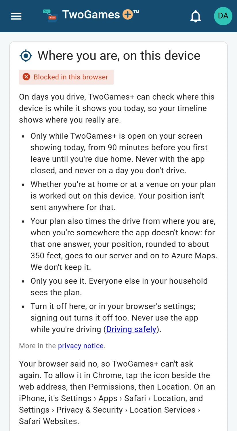 The location card in Settings on a phone: Blocked in this browser, and under it how to allow location in Chrome and on an iPhone.