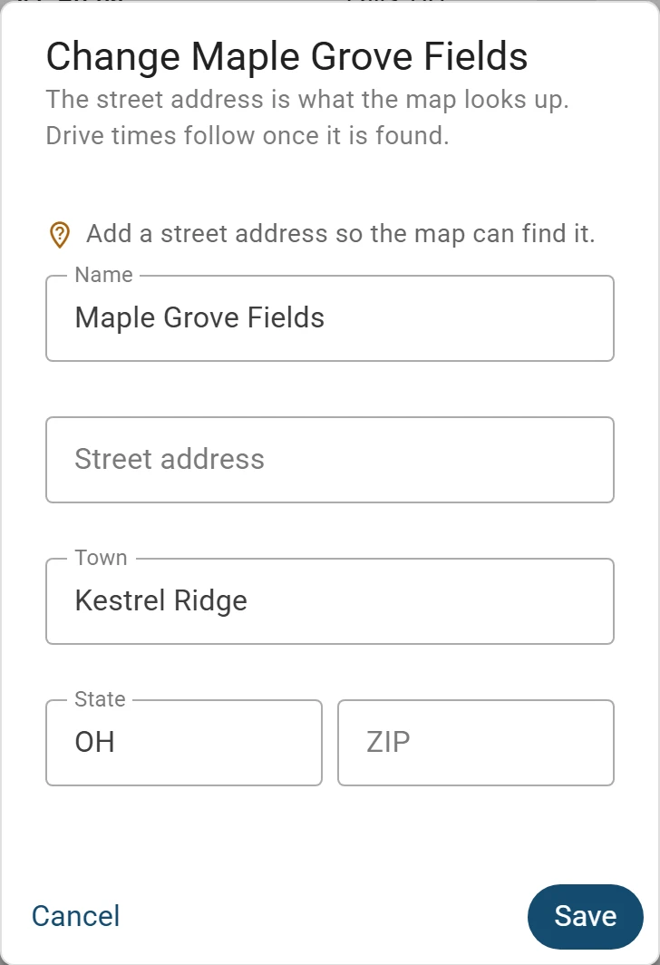 Change Maple Grove Fields on a phone: under the note Add a street address so the map can find it, its name, an empty Street address, the town Kestrel Ridge, the state OH, an empty ZIP, and Save.