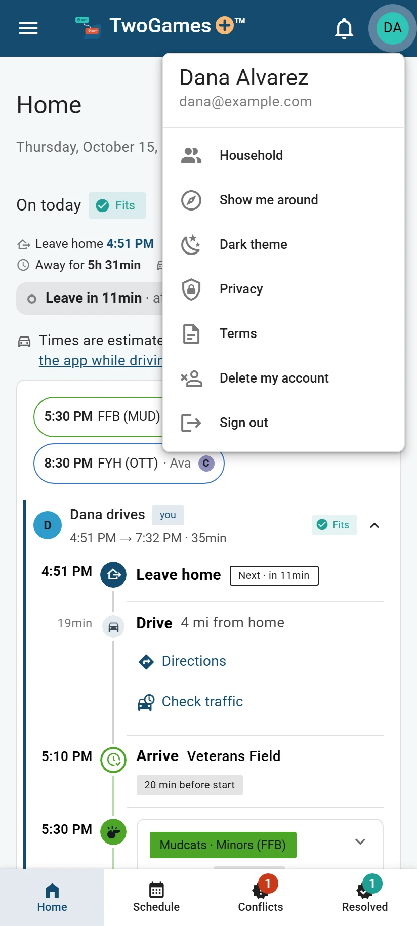 The account menu on a phone, opened from Dana’s initials at the top right: Household, Show me around, Dark theme, Privacy, Terms, Delete my account, and Sign out.