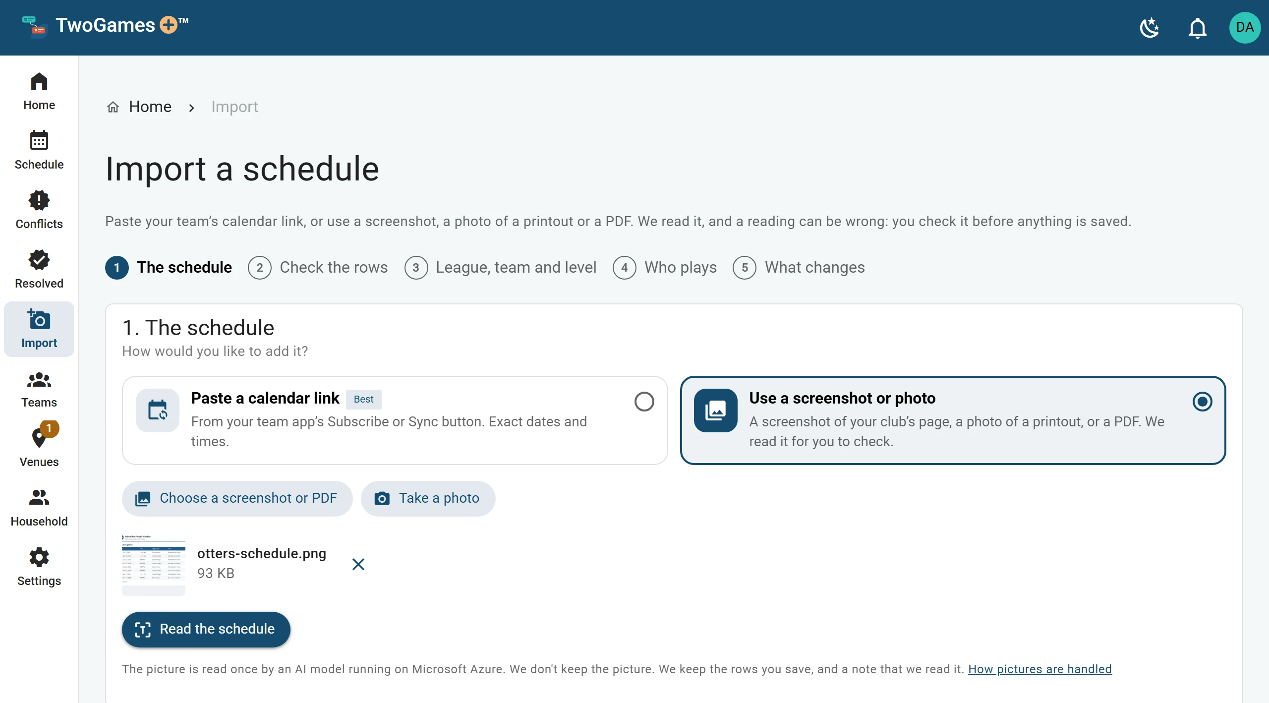 Import, step 1 of 5: otters-schedule.png chosen, with Read the schedule, and the line saying the picture is read once by an AI model on Microsoft Azure and not kept.