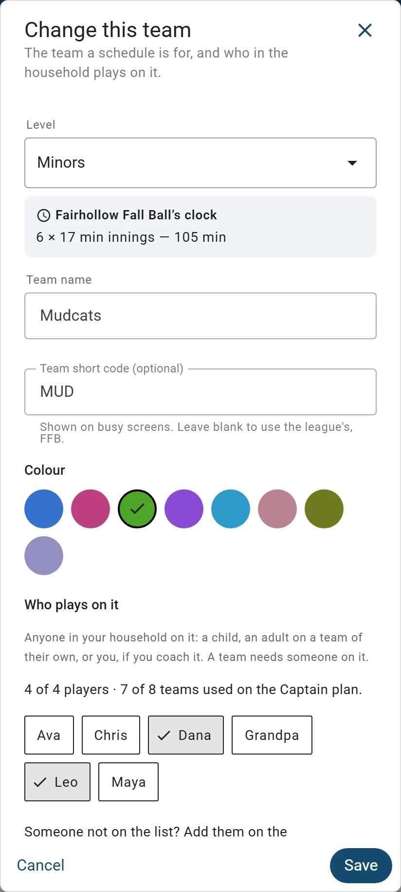Changing the Mudcats team on a phone: level Minors, and Dana and Leo ticked under Who plays on it.