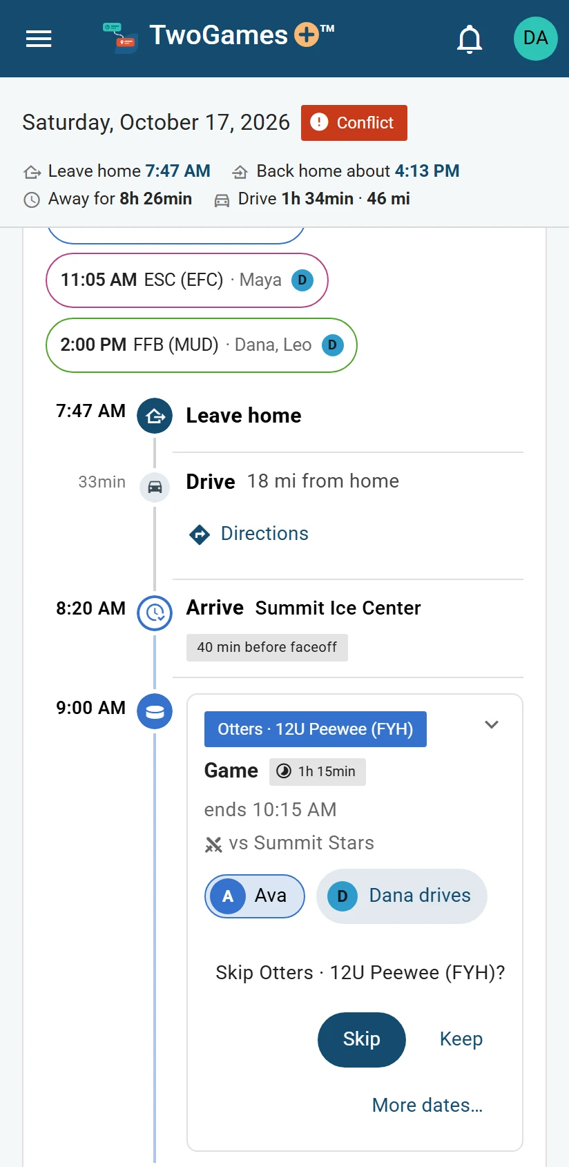 Ava’s hockey game on Saturday’s timeline on a phone, after a tap on Skip this one: it asks Skip Otters · 12U Peewee (FYH)?, with Skip, Keep and More dates.