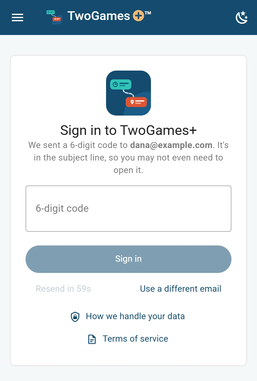 The sign-in page on a phone after asking for a code: We sent a 6-digit code to dana@example.com, a box for the code, a Resend button counting down, and Use a different email.