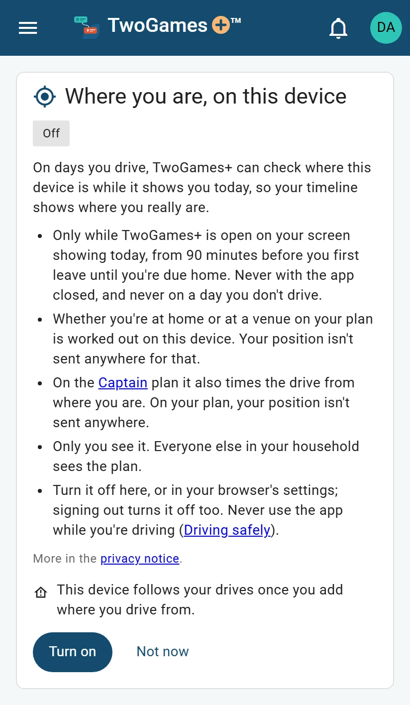 Settings on a phone, Where you are, on this device: Off, what turning it on does, that on this plan the position is sent nowhere, and the Turn on and Not now buttons.