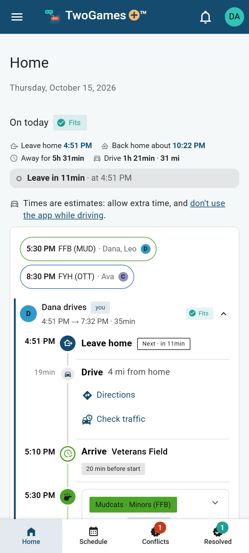 Home on a phone at 4:40 PM on Thursday: On today, leave in 11 minutes at 4:51 PM, then the drive to Veterans Field and Leo’s practice.