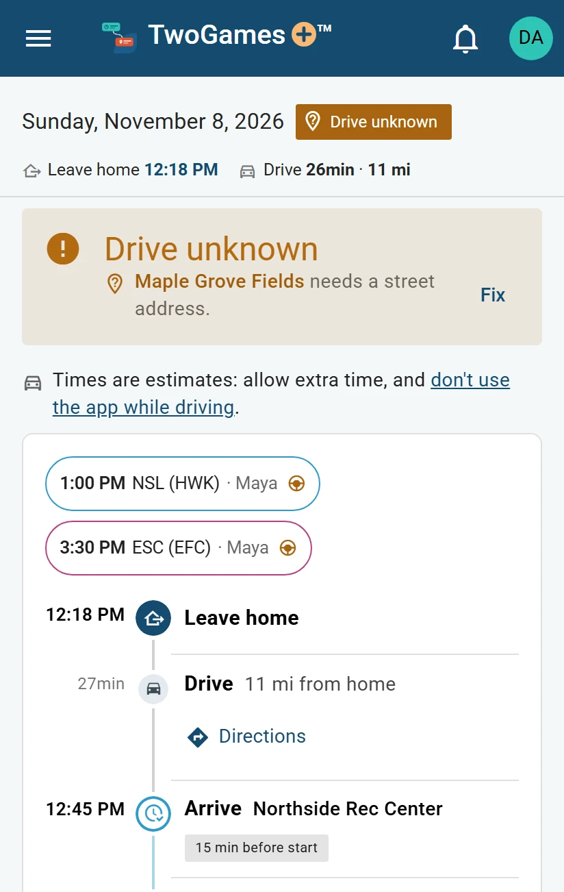 Sunday, November 8 on a phone, marked Drive unknown, with a box saying Maple Grove Fields needs a street address and a Fix button, above the day’s timeline.