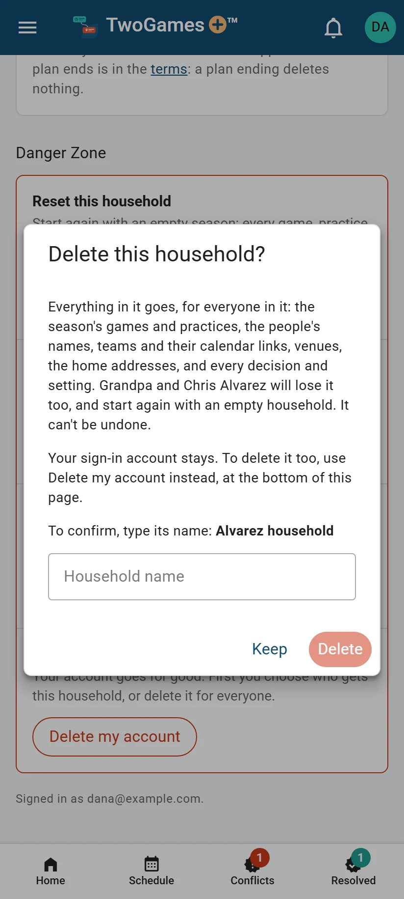 Delete this household? on a phone: everything that goes, listed, and a field to type the household’s name, Alvarez household, before anything is deleted; the field is empty.